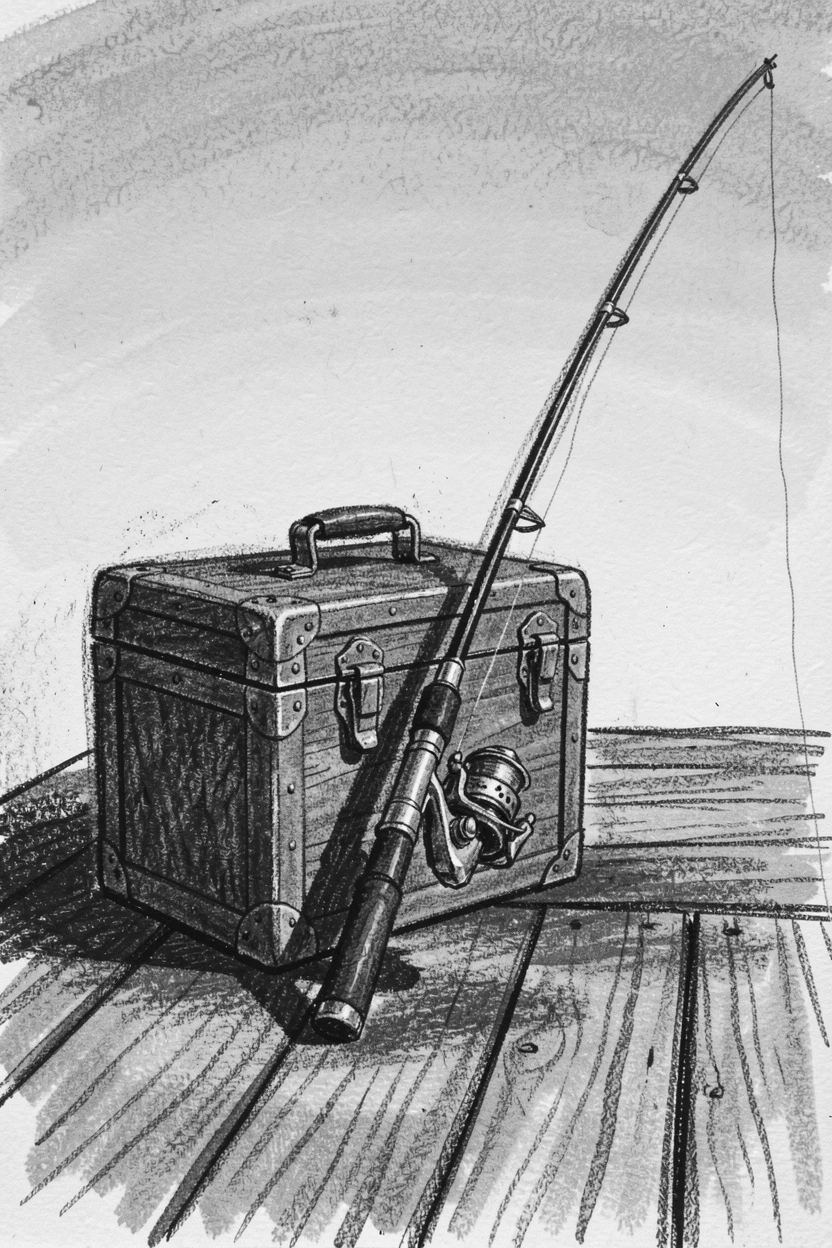 A fisherman's tackle box and rod resting on a dock, under a clear blue midday sky.