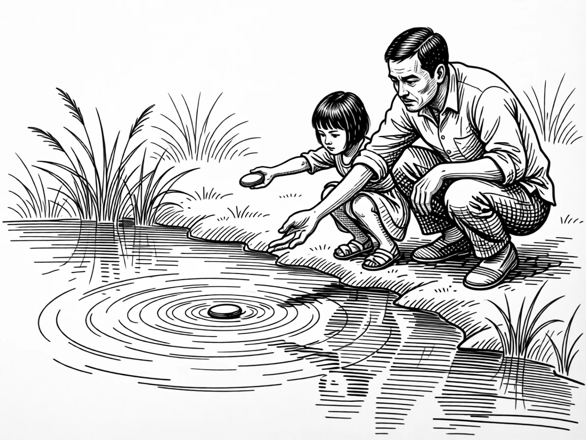 A man teaching his daughter to skip stones across a calm pond.