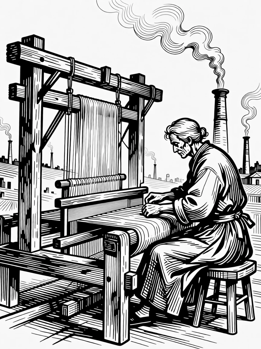A weaver working at a large traditional loom as smoke rises gently from nearby chimneys, with the quiet dignity of long-held tradition, portrayed in an epic and majestic historical scene.