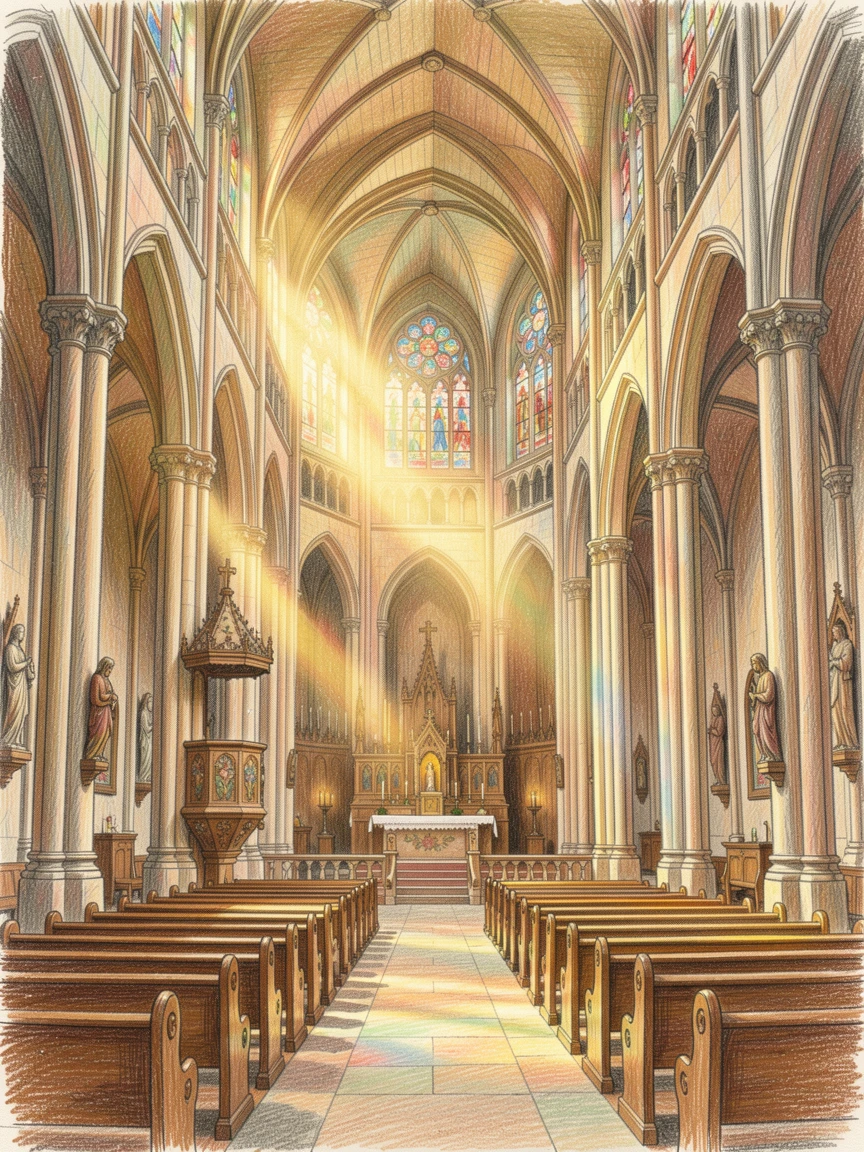 A grand cathedral interior with light streaming through rose windows, bathed in the warm glow of golden-hour light, evoking nostalgia and a deep sense of contentment.