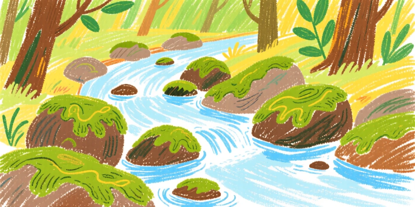 Moss covered stones scattered along a quiet forest stream.