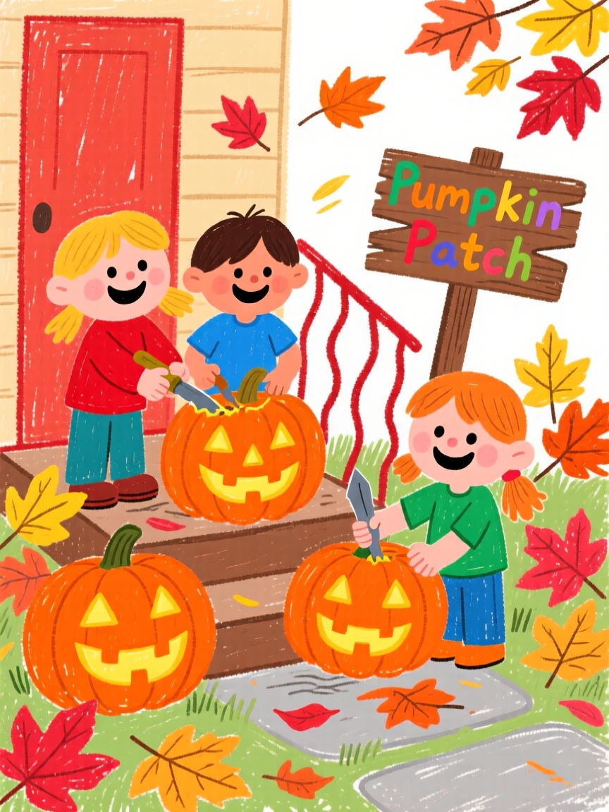 Children carving jack-o-lanterns on a porch surrounded by autumn leaves.