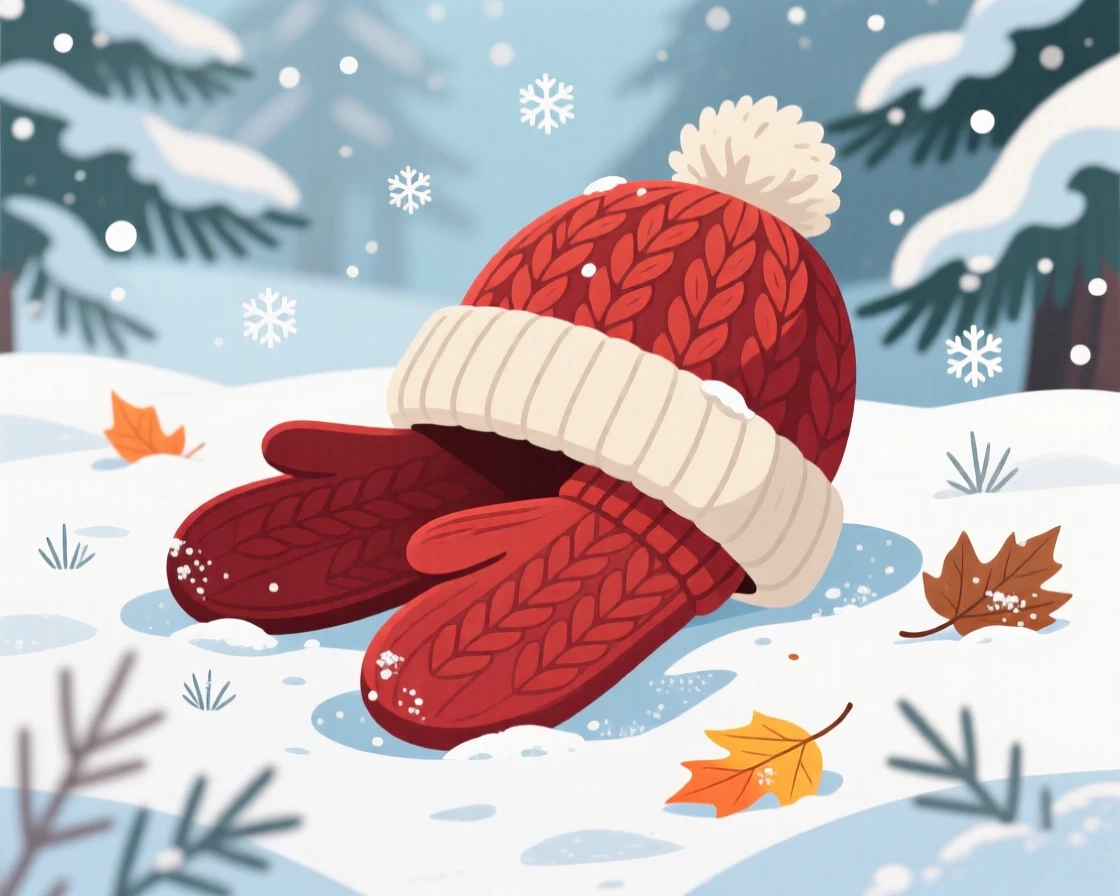 A pair of mittens and a knitted hat resting on fresh snow, surrounded by the fresh atmosphere of the changing season, framed to highlight the freshness of the season, with charming small details that evoke the season perfectly.
