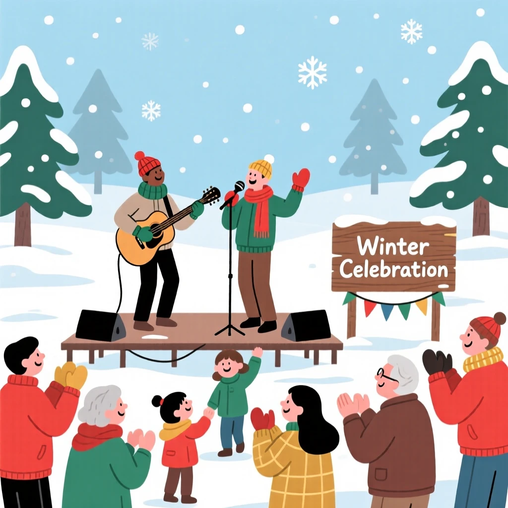 A winter celebration with festive music filling a community park.