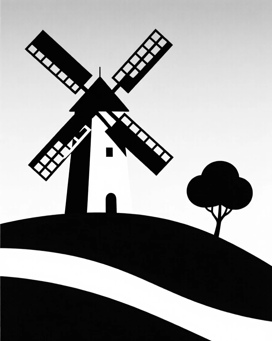 An old windmill on a green hillside.