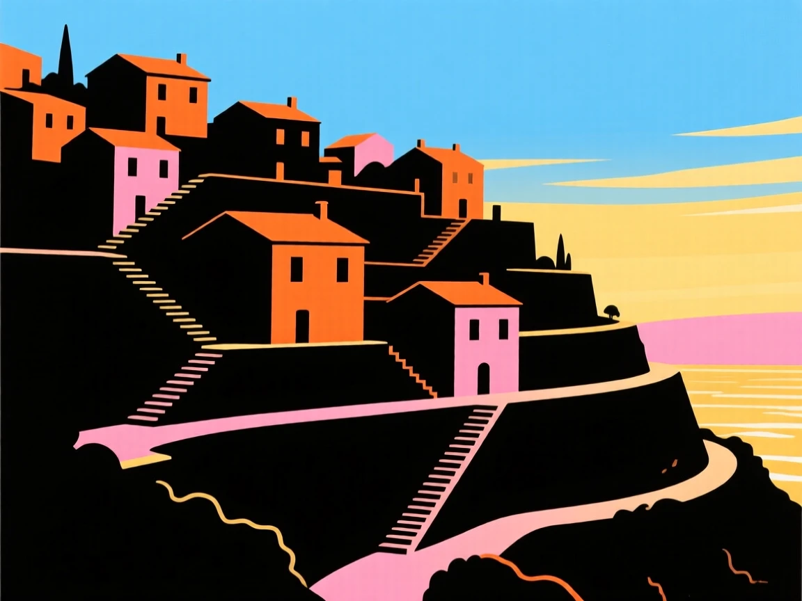 A wide, terraced hillside town with narrow winding staircases.