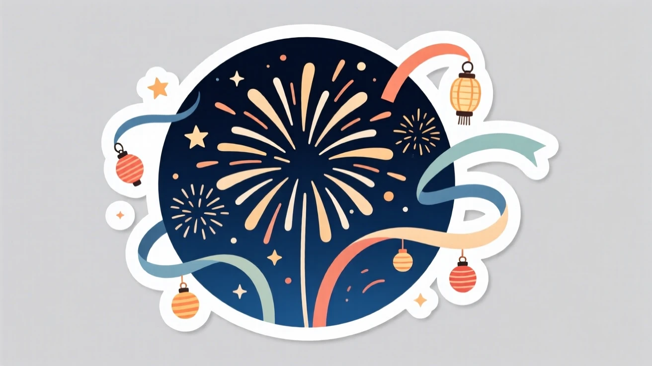 A delightfully whimsical fireworks bursting over a summer night sky, decorated with ribbons and small ornaments, during a beloved yearly tradition.