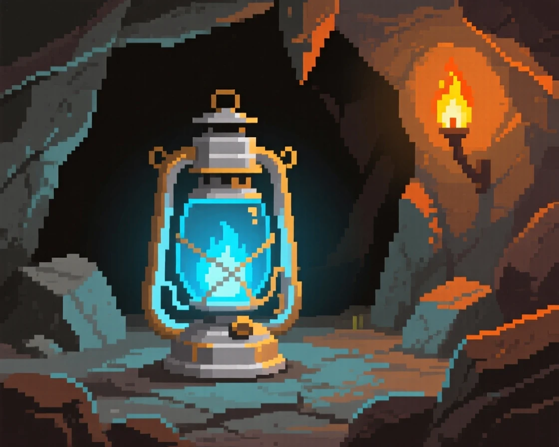 A glowing magic lantern found deep within an abandoned mine, within a cave lit by torchlight.