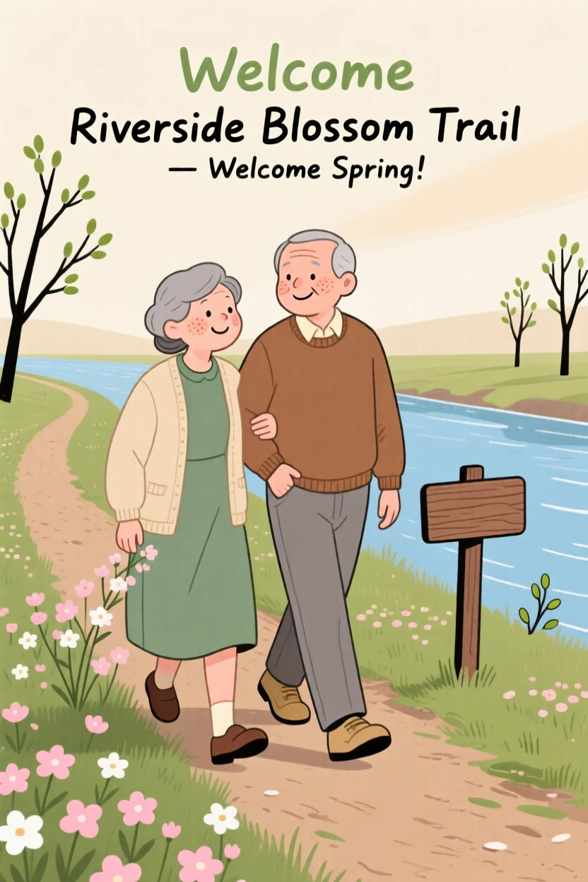 The first blossoms of spring open along a riverside trail as a elderly couple walks slowly by, pausing to admire the color in the mild morning air.