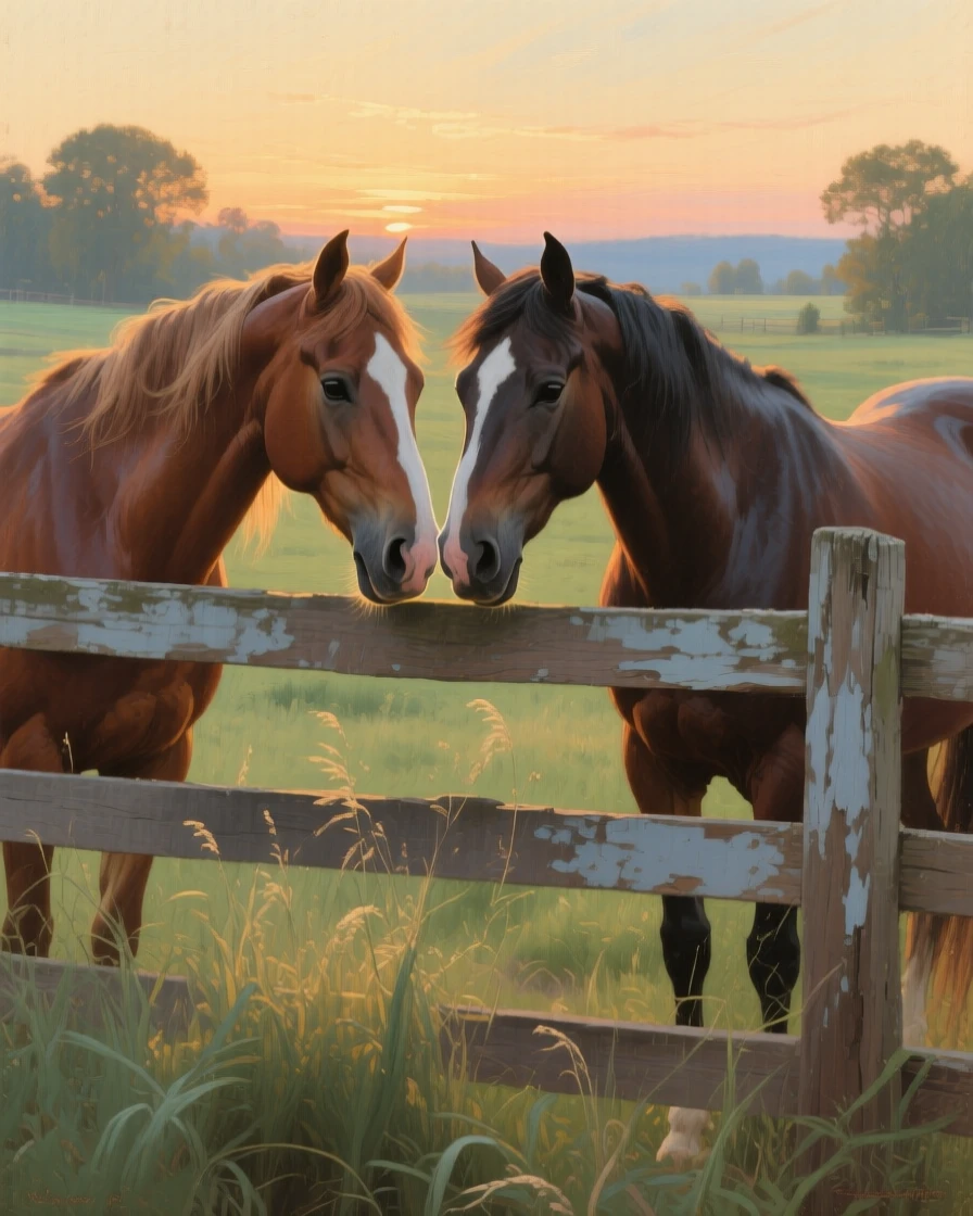 A well-framed scene of a pair of horses nuzzling over a wooden paddock fence, in a soft summer breeze, in the last light of sunset.