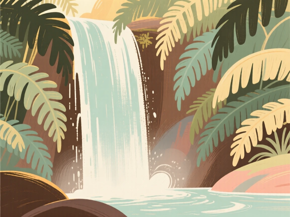 A hidden waterfall tucked behind a curtain of tropical ferns