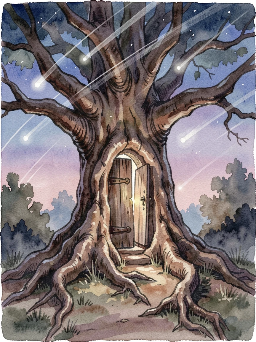 A hidden door in an old tree leading to another world as shooting stars streak overhead.