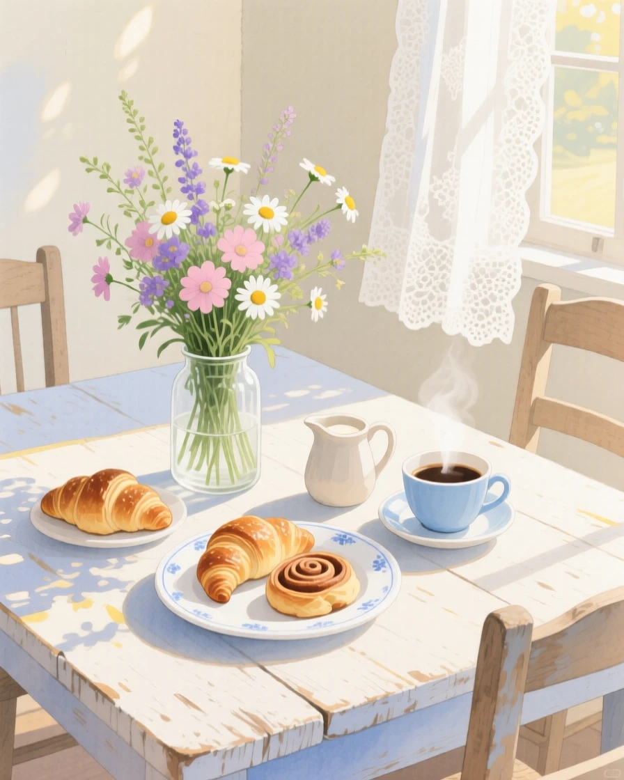 A farmhouse dining table set for breakfast with fresh flowers, warm pastries, and sunlight pouring through lace curtains