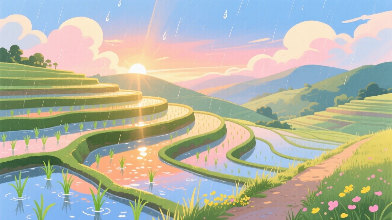 A terraced rice field at sunrise bathed in warm light just after a summer storm.