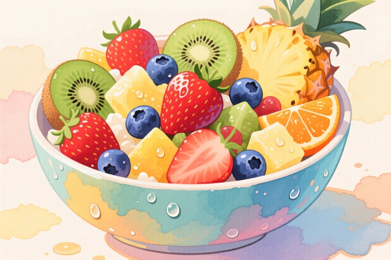A colorful bowl of fresh fruit salad glistening with morning dew, radiating delicious coziness.