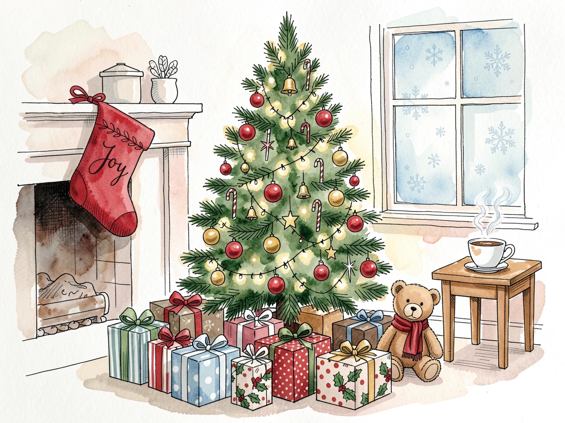A festive Christmas morning scene with presents beneath a decorated tree, small decorative details adding charm throughout.