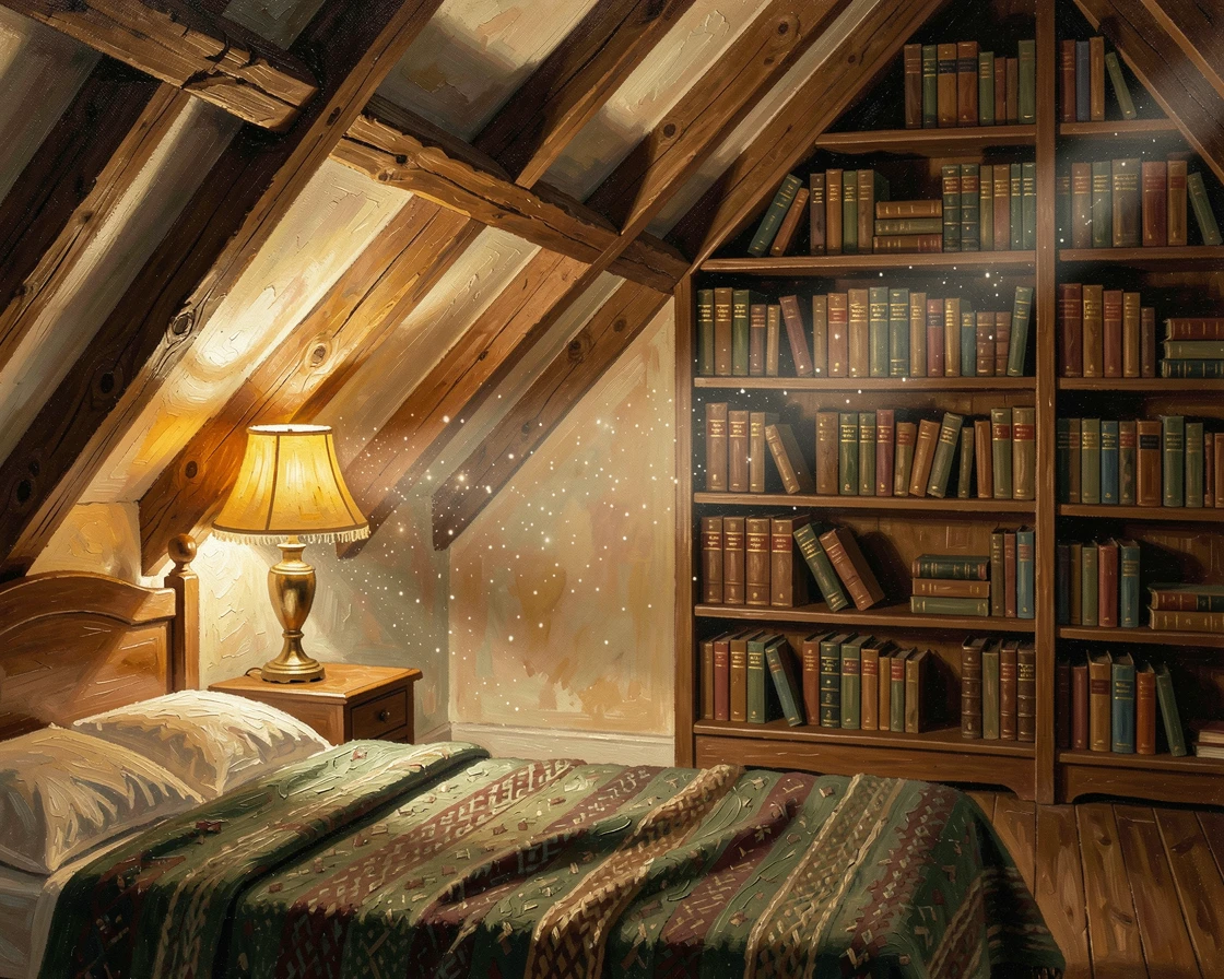 Beneath the warm glow of a single lamp at night, a cozy attic bedroom beneath sloped wooden beams, beside tall bookshelves reaching to the ceiling, dust motes drifting through a beam of light.