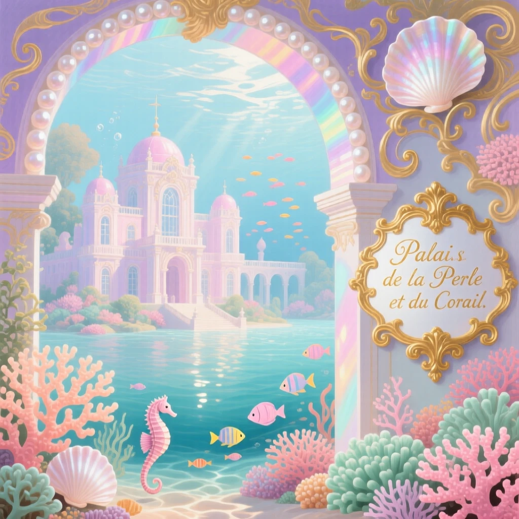 A palace beneath the sea with pearl arches and gardens of coral  