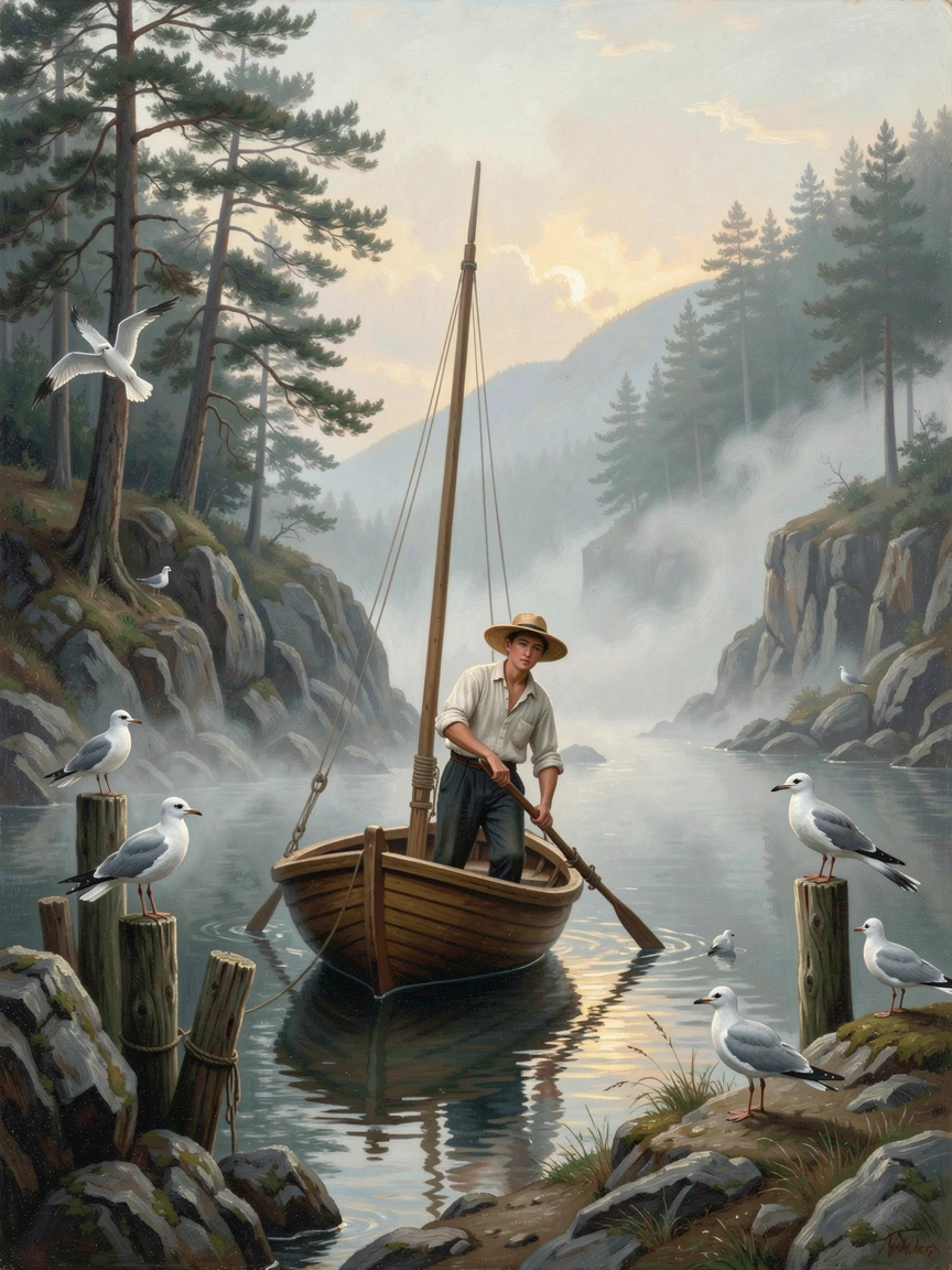 A young sailor guides his boat past an inlet where seabirds gather as fog rolls across the water.