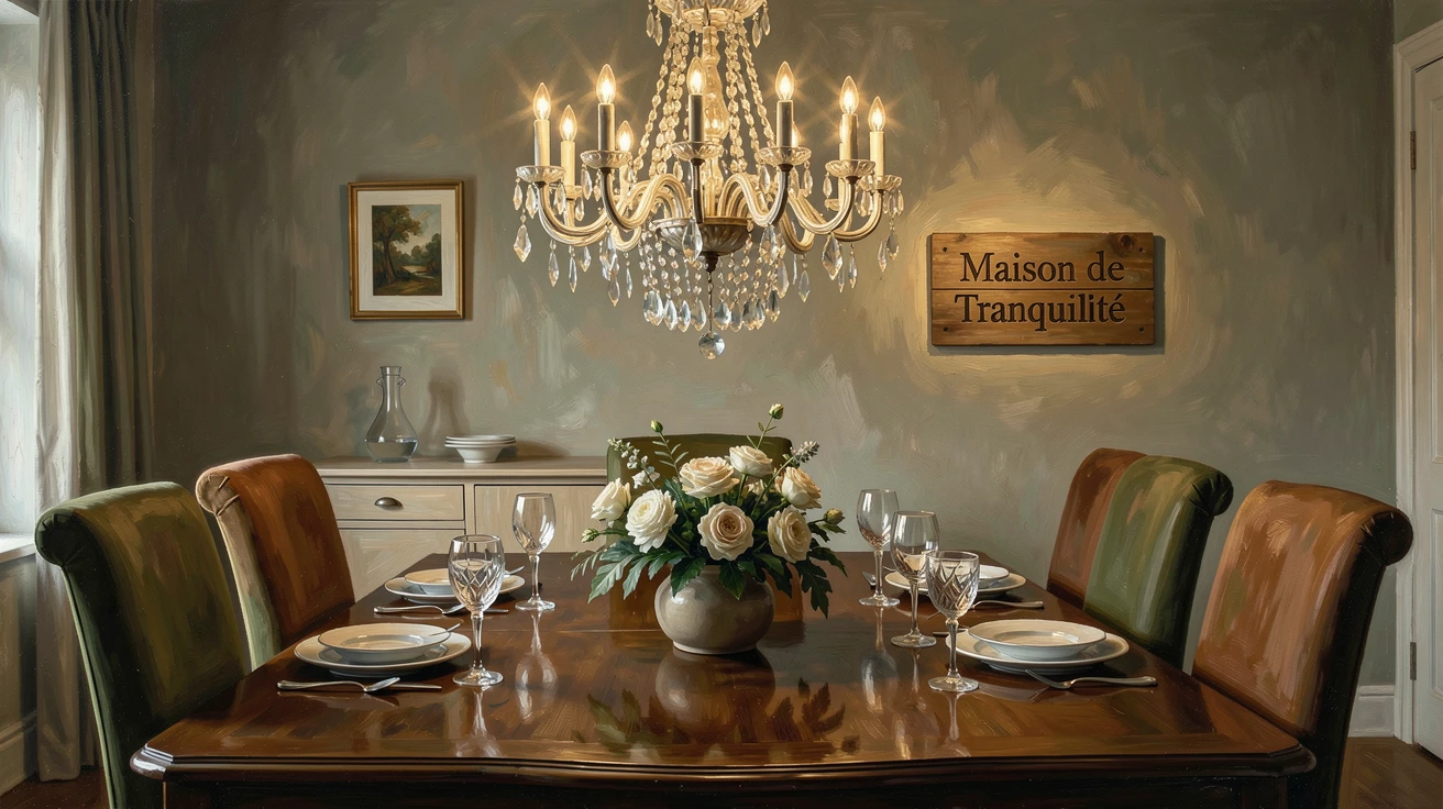 A crystal chandelier casting warm light over an elegant dining table, surrounded by tasteful, understated decorative details, designed as a sophisticated piece for upscale interior decor