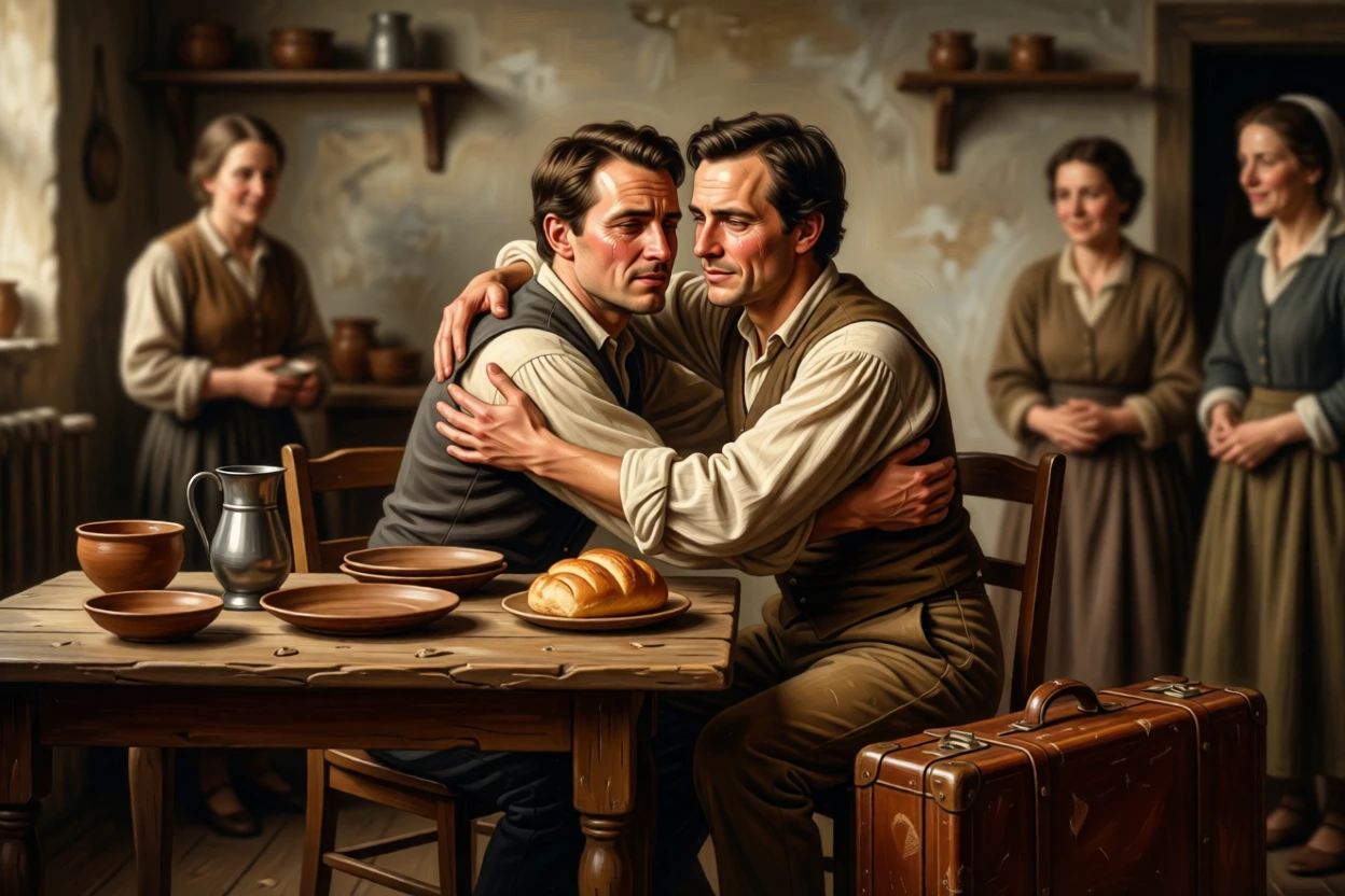Two estranged brothers embracing after years of separation as tears and gratitude mix in equal measure, set at a rustic kitchen table set for an unexpected guest, with worn traveling clothes and a battered suitcase telling their own story; the surrounding onlookers form a soft frame around the emotional core, radiating hope restored after long hardship.