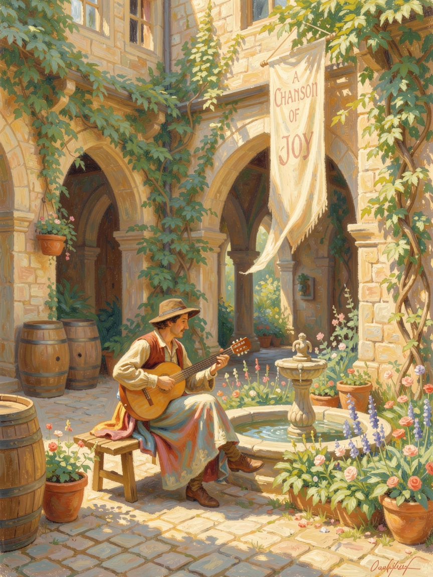 A wandering minstrel playing a lute in a sunlit medieval courtyard, filled with a cozy, comforting atmosphere.