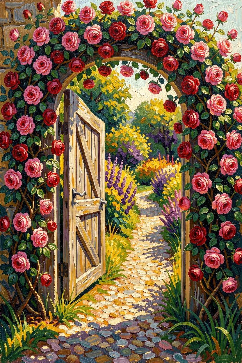 A cottage garden gate wrapped in climbing roses, opening onto a sunlit path.