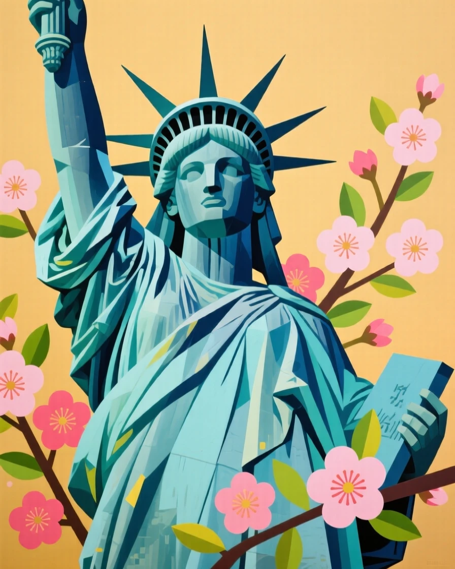 A breathtaking view of the Statue of Liberty, surrounded by blooming spring blossoms.