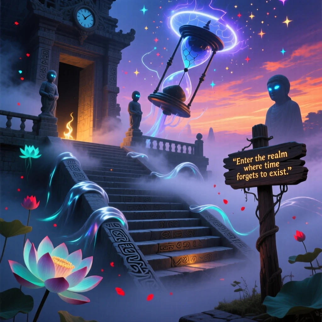 A temple staircase disappearing into thick, glowing fog glows faintly from within as evening settles over it, while dust motes drift like tiny stars through beams of light.