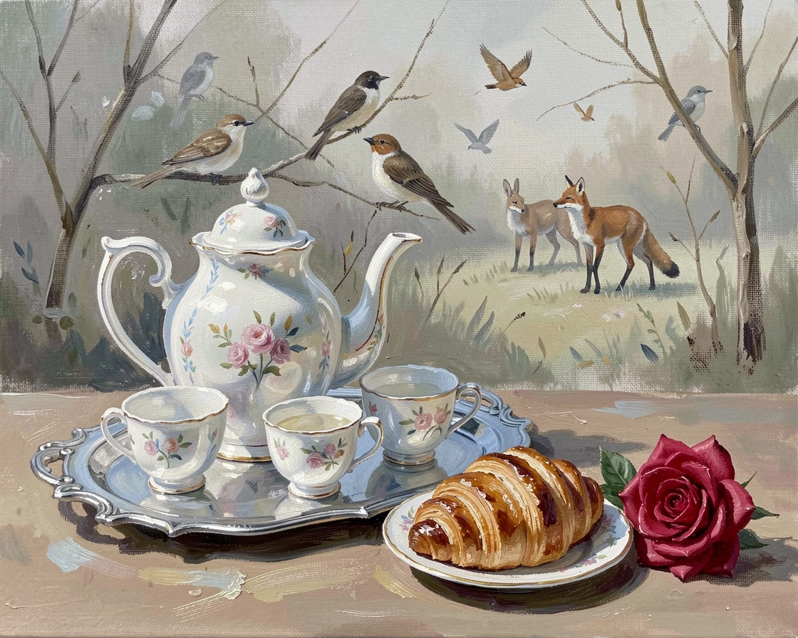 A delicate porcelain teapot and matching cups sit arranged on a silver tray beside a small plate of pastries and a single rose, with scattered wildlife visible moving quietly through the middle distance of the composition.