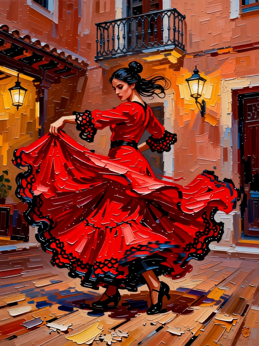 a flamenco dancer caught mid-turn, red dress a blur of motion