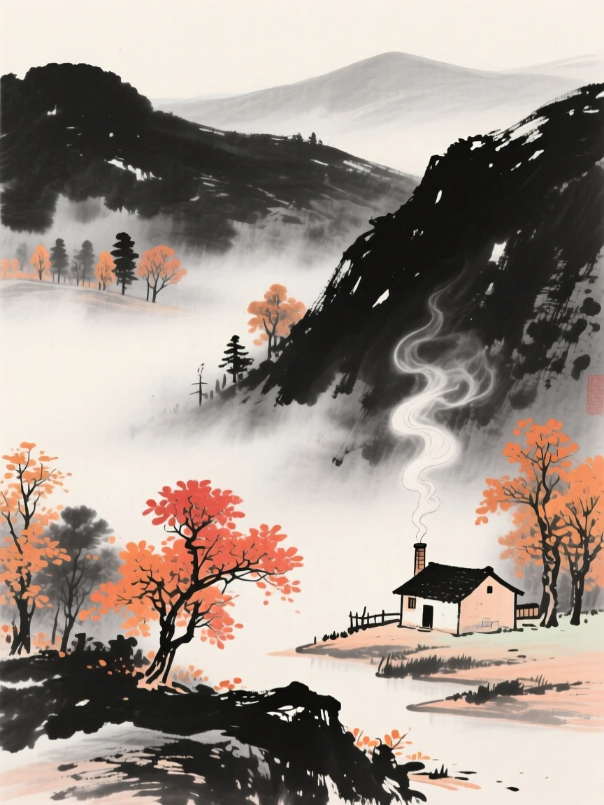 Autumn mist settles over a valley dotted with orange and crimson trees, with smoke rising gently from a nearby farmhouse.