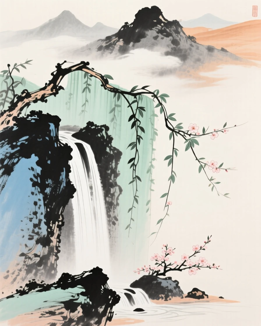 A hidden waterfall tucked behind a curtain of vines, with wisps of cloud drifting slowly through the peaks, in a warm breeze carrying the scent of blossoms.