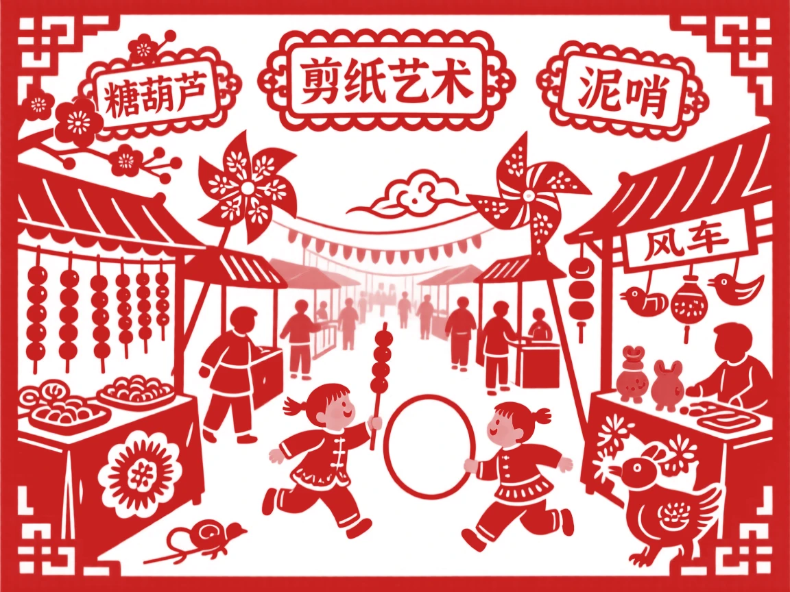 A temple fair crowded with vendors selling candied hawthorn skewers, paper windmills, and clay whistles, children weaving between stalls chasing a rolling hoop