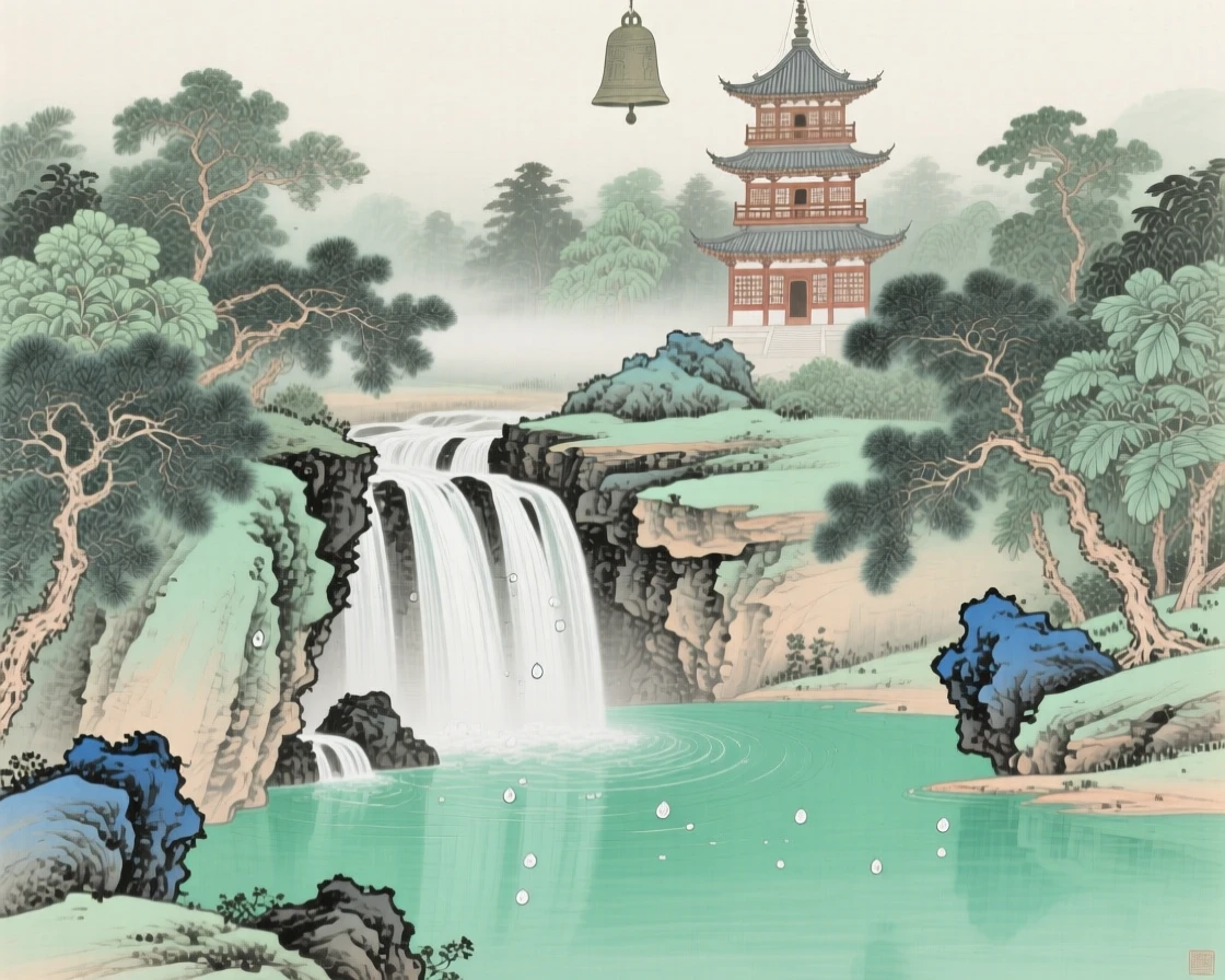 A waterfall cascading into a jade-green pool, with a distant temple bell tower rising above the treeline