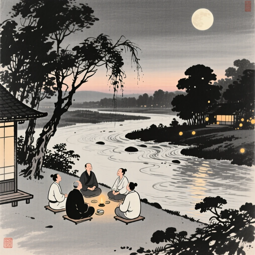 A moon-viewing gathering on a quiet garden terrace beside a slow-moving river at dusk, balanced between soft shadow and warm points of light, evoking festive warmth and communal joy.