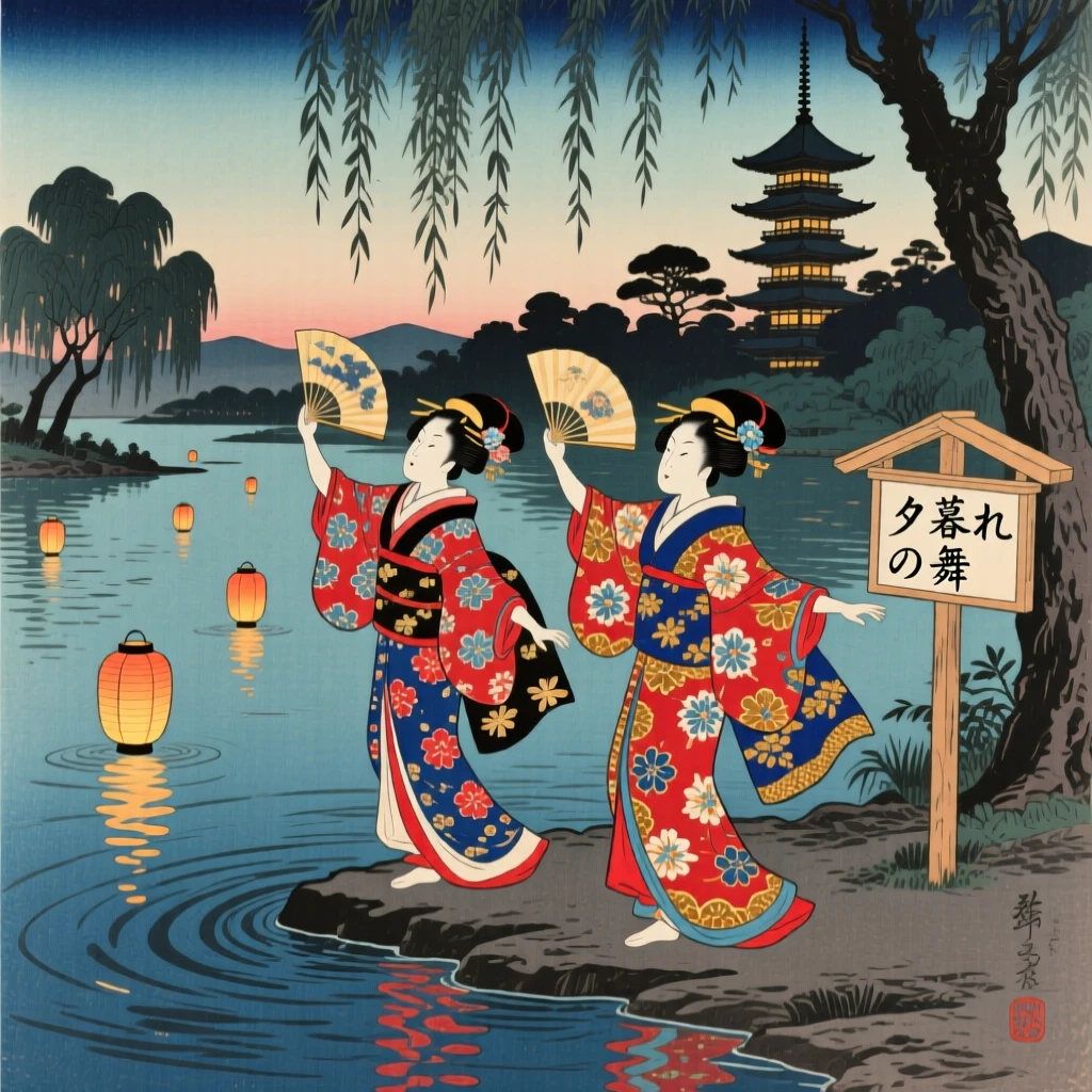 Costumed dancers reflected shimmering in calm evening water.