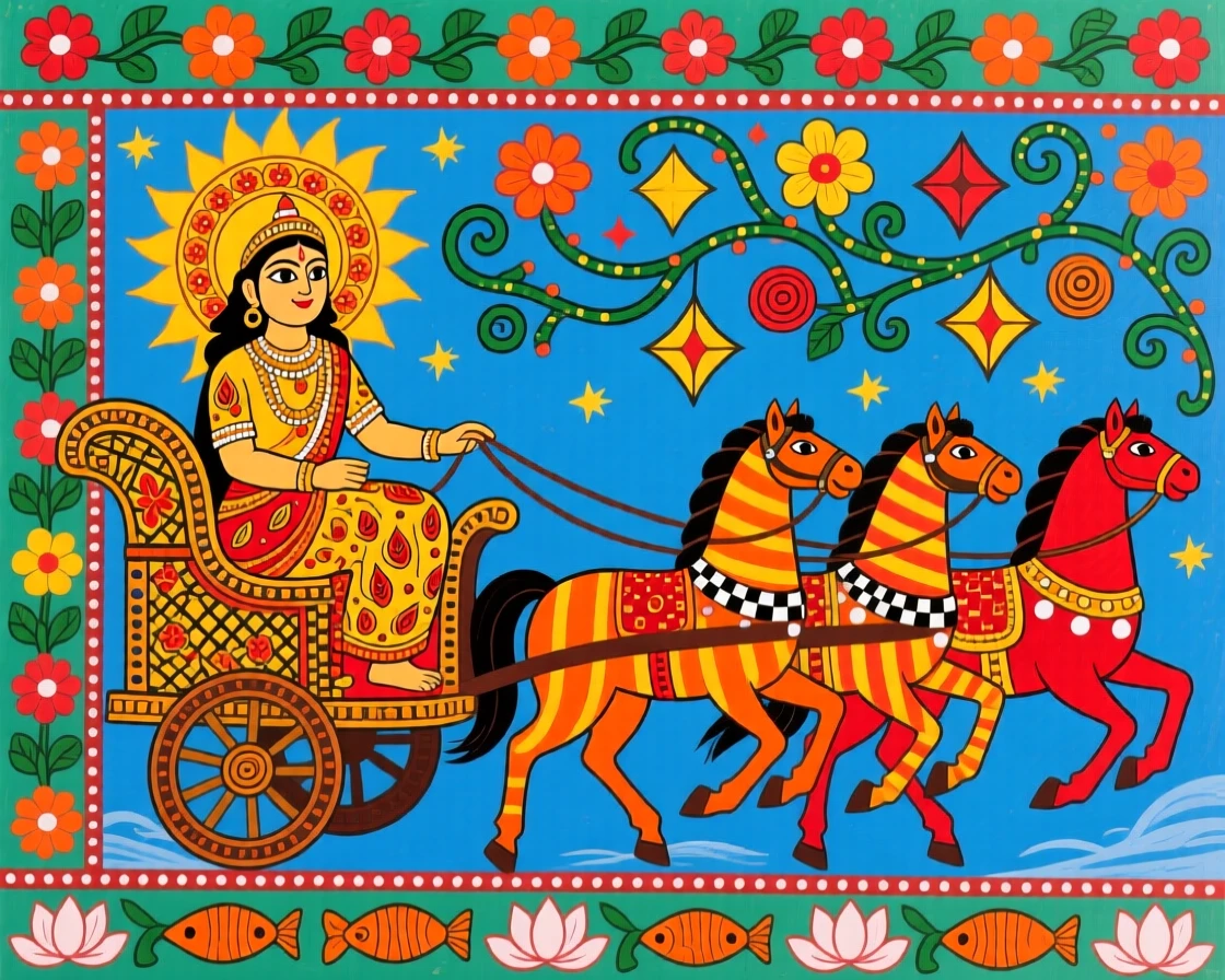 Surya the sun god riding his chariot of seven horses across the sky.