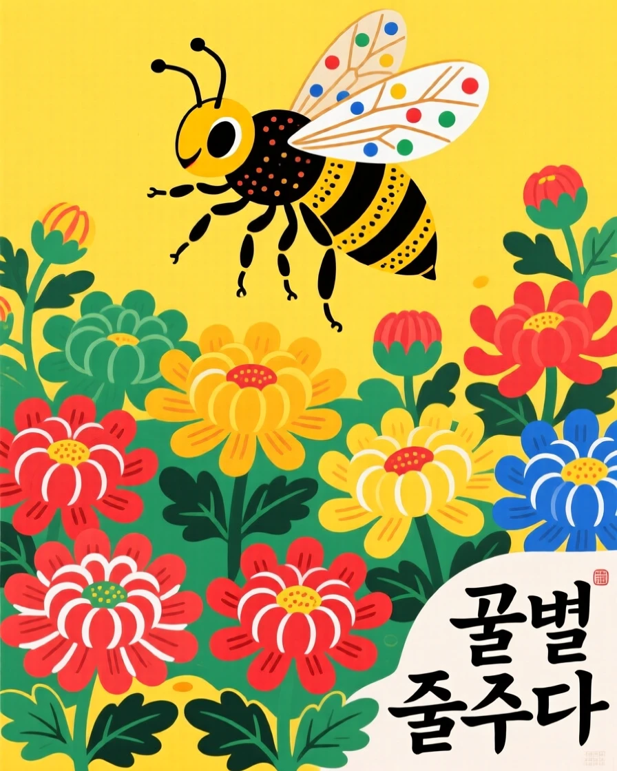 A honeybee dancing above a garden of chrysanthemums.