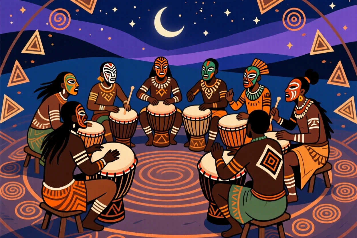 A drum circle building to a powerful crescendo at nightfall.