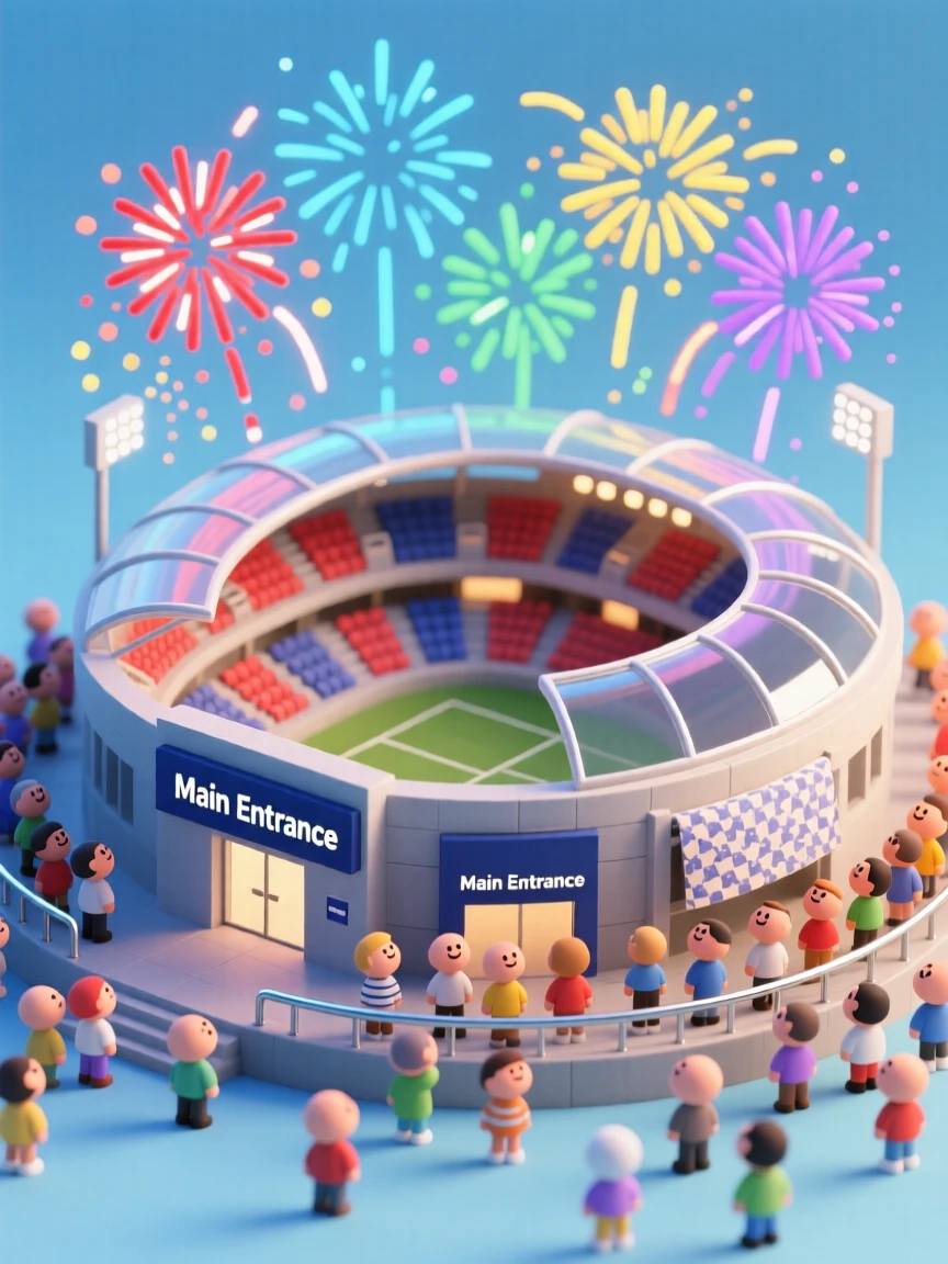 A summer fireworks finale over a stadium, colorful bursts reflecting off thousands of upturned faces in the crowd.