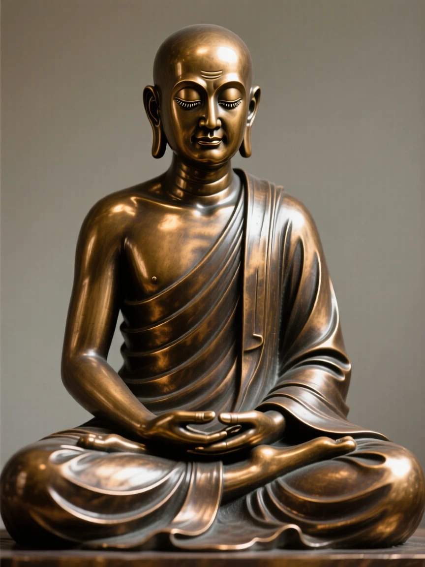 A monk in silent meditation, with fine, expressive facial detail, forming a strong central focal point