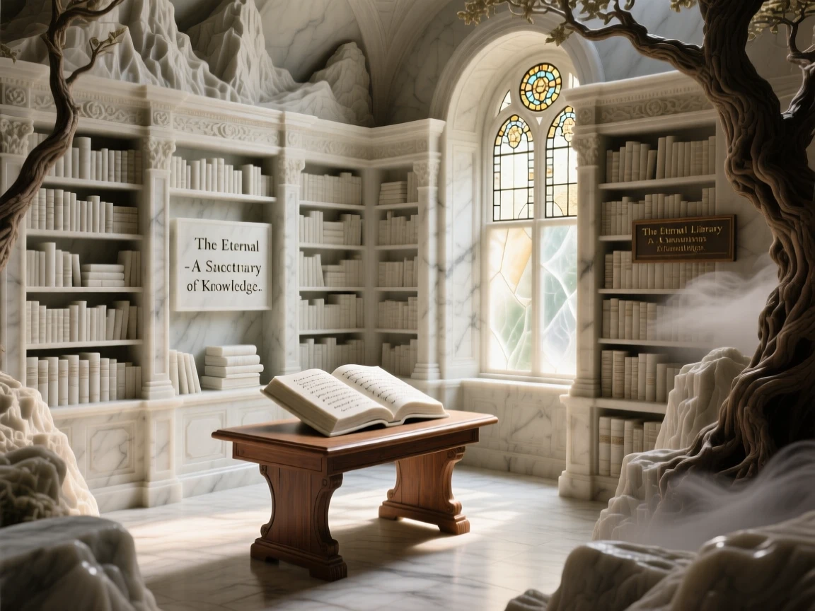 A beautifully composed image of an old bookstore filled with warm afternoon light, framed by dramatic natural scenery, full of atmosphere and visual storytelling