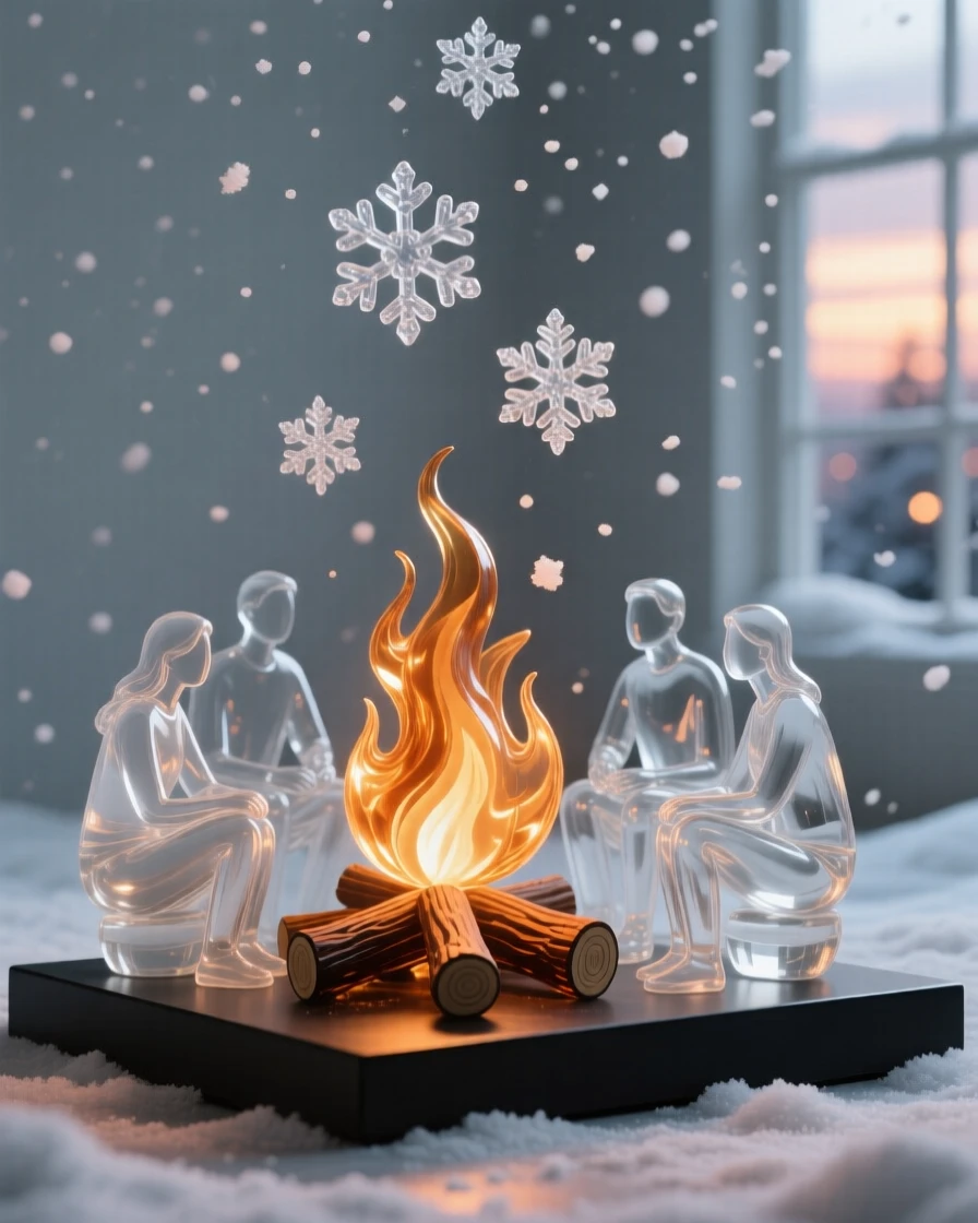 Beneath a sky filled with gently falling snow, a bonfire surrounded by friends on a cool autumn night, while snowflakes drift slowly past the window