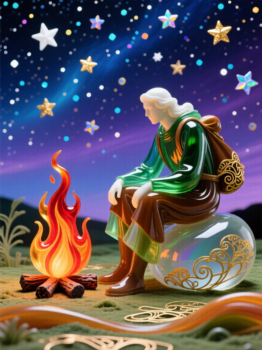 A lone traveler resting beside a campfire beneath a sky full of stars, peaceful and adventurous.