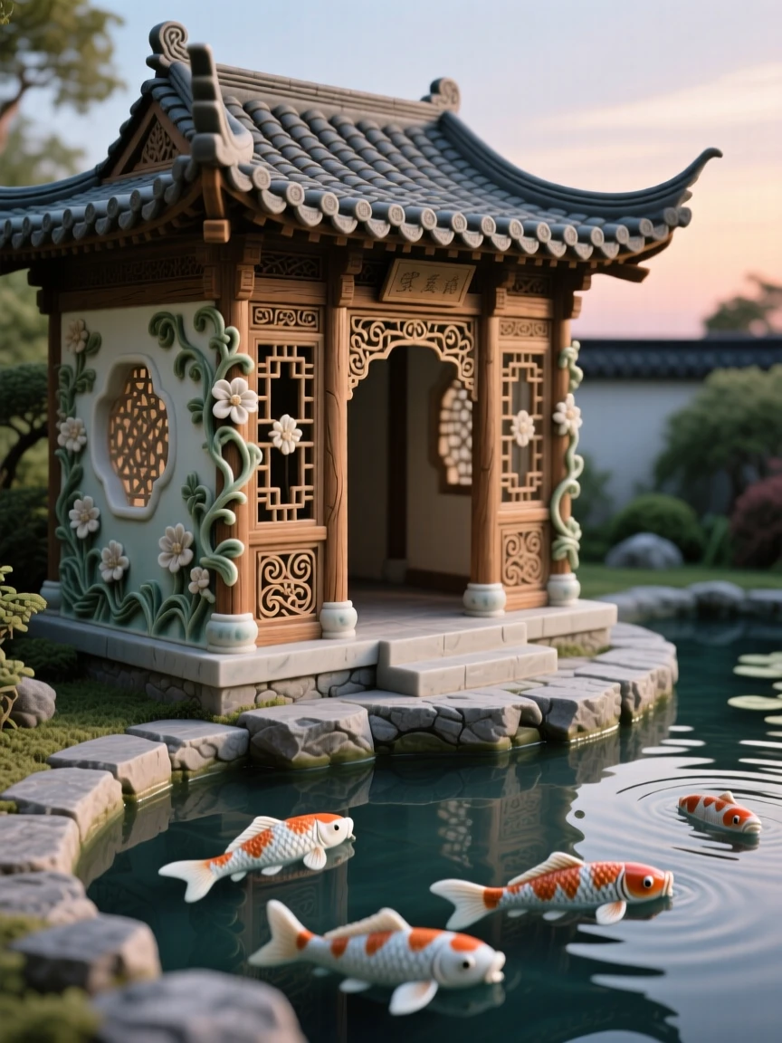 A garden pavilion beside a koi pond silhouetted against a fading twilight, with intricate carvings along every surface, capturing the romance of a bygone era.