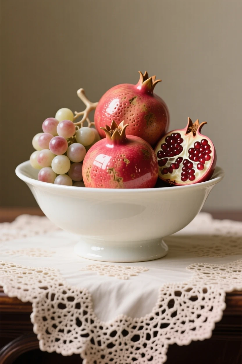 A refined still-life arrangement of a bowl of pomegranates and grapes on a lace tablecloth, rendered with rich, warm tones.