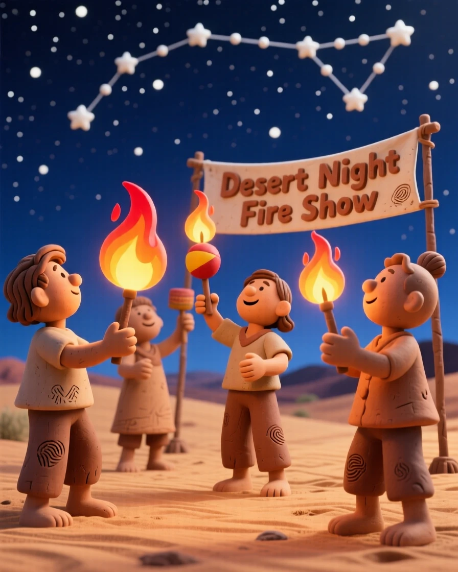 A group of performers juggling fire beneath a starry desert sky