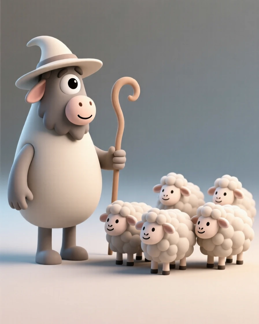 A friendly cyclops shepherd counts a flock of fluffy sheep with his one enormous, gentle eye.
