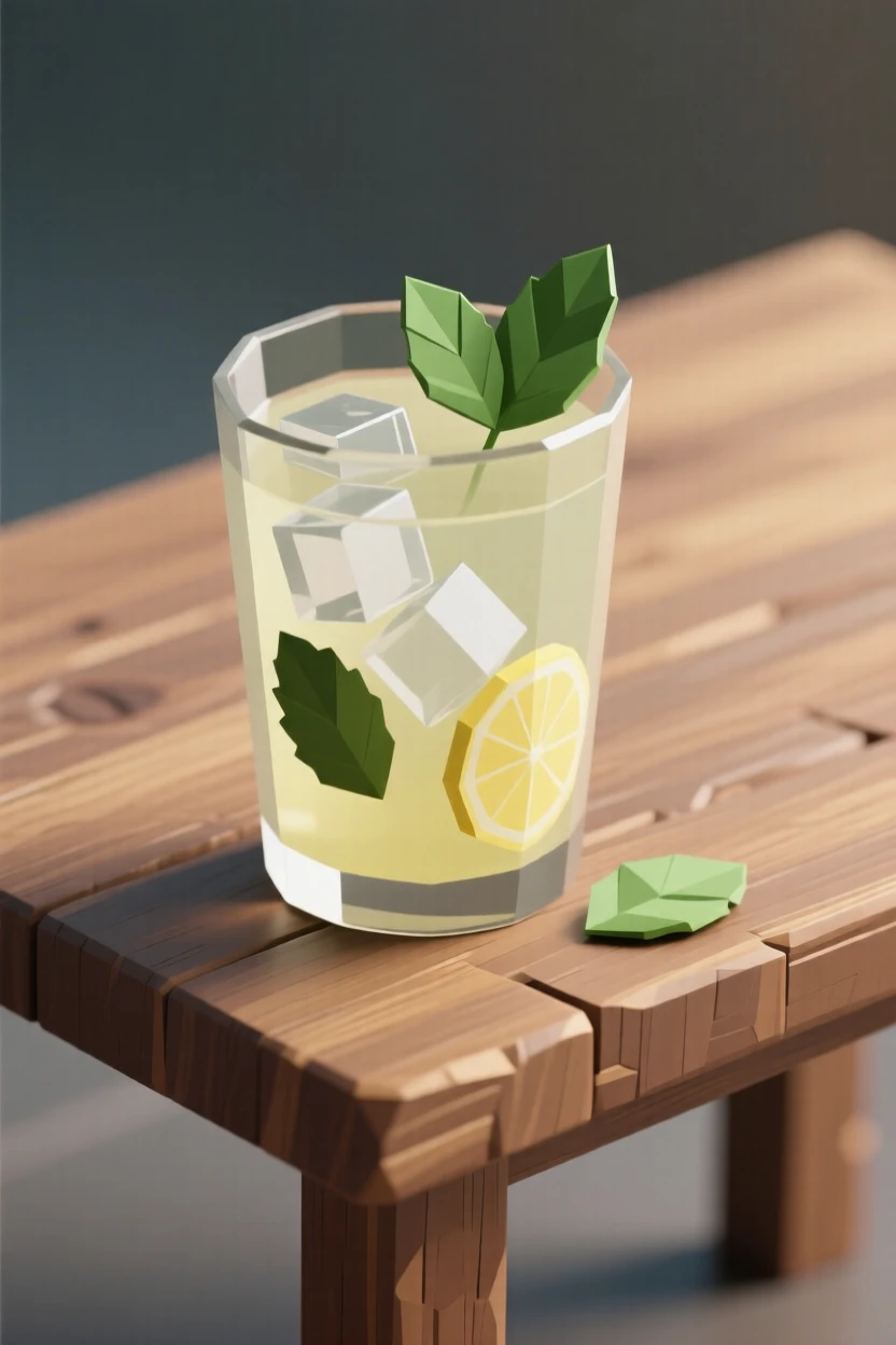 A glass of iced lemonade with mint leaves, on a rustic wooden table. a shallow depth of field keeps focus on the food. A cozy, relaxed feeling fills the scene.